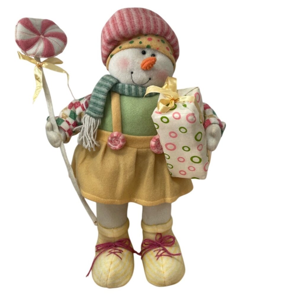 Snowman Greeter Christmas Decoration Holding Gift Peppermint Candy 18 In Pastel